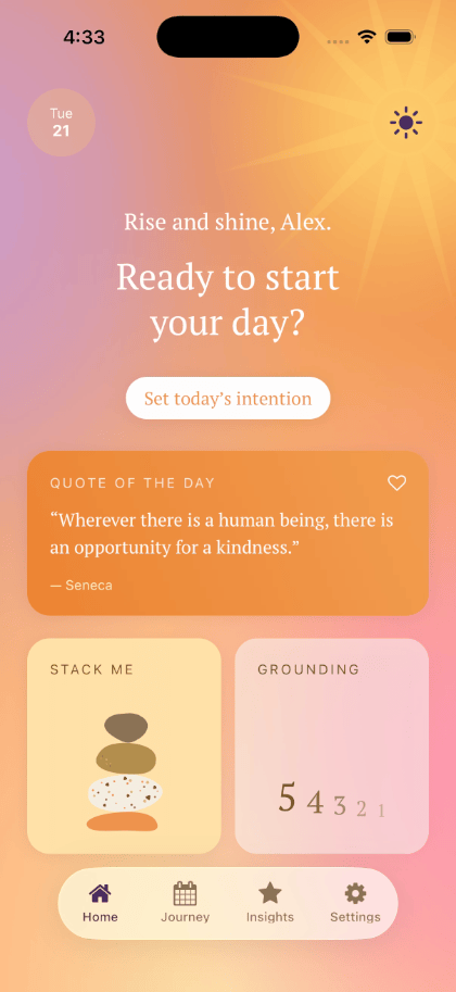The Simply Kind daily ritual in motion: today's intention carried at the top, a quote of the day, and the Stack Me and grounding tiles below.